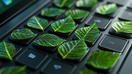 A futuristic laptop keyboard with keys shaped like leaves, symbolizing the integration green concepts in technology