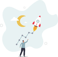 Trading stock or crypto price rising high to the moon, crypto currency value soaring sky rocket,flat design with people.
