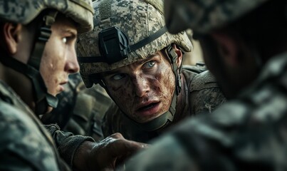 Obraz premium Three soldiers in camouflage, close-up.