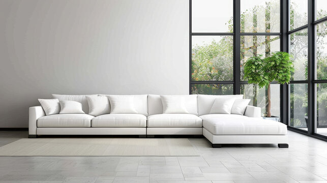cozy modern living room featuring comfortable sectional sofa with plush cushions, large windows allowing natural light, and green plant adding touch of nature