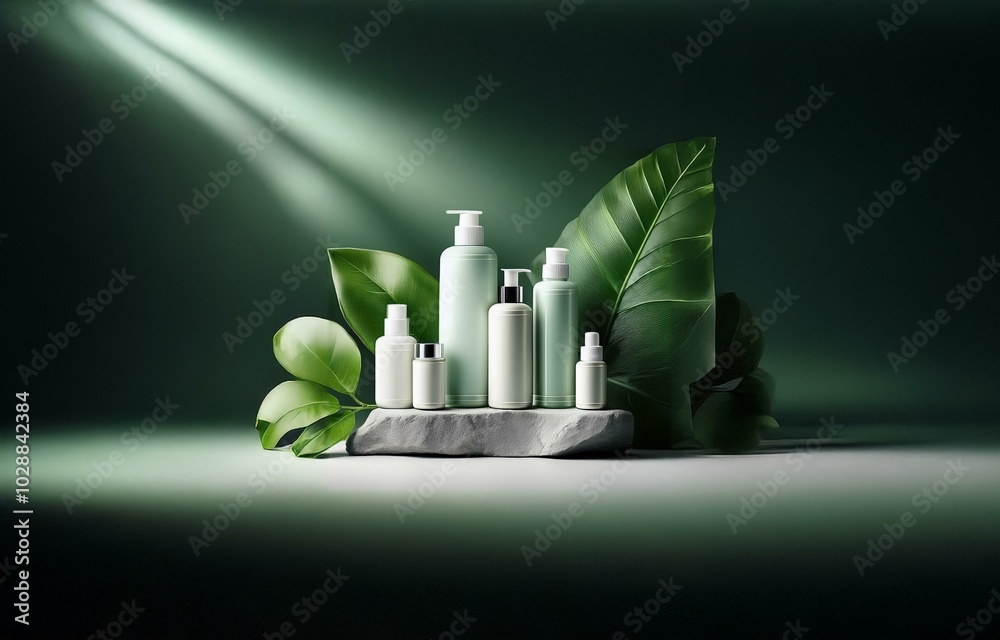 Aufkleber a set of five white bottles on a stone platform surrounded by green leaves and illuminated by a ray 