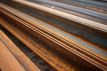 Metal angle blanks stacked near a workshop, showing signs of rust and wear as they await processing in a production environment