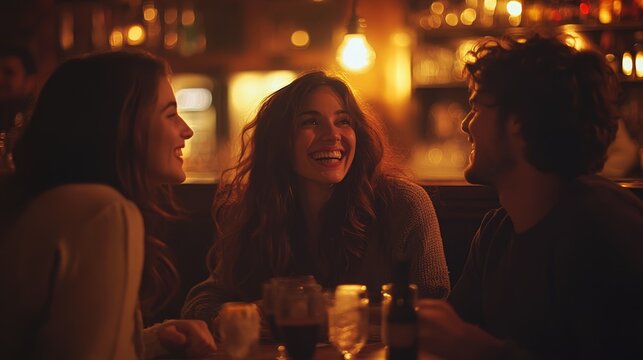 A group of friends share drinks and laughter at a cozy, dimly lit restaurant or bar, evoking a lively and friendly atmosphere during an evening gathering.