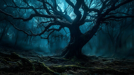 Naklejka premium A mystical, dark forest with a twisted tree and fog.