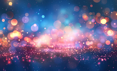 Abstract blurred background with bokeh lights and glitter, pastel colors, space for text or design. Shiny on dark blue, pink, purple background. Christmas, wedding card, party flyer template