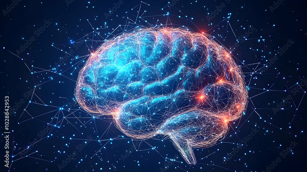 Poster Digital representation of a brain with neural connections and lights.