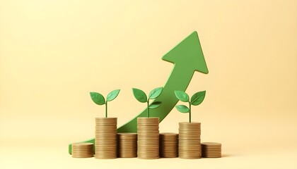 Stacks of coins with plants and an upward arrow symbolize financial growth and investment success.