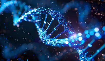 Abstract futuristic background with low poly wave and connecting dots, big data concept of the DNA structure in perspective on dark blue background. Digital technology