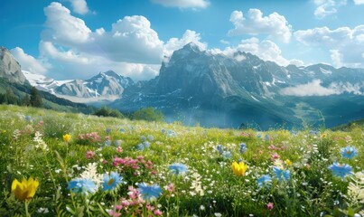 Fototapeta premium Alpine meadow with blooming wildflowers and distant mountains, 4K hyperrealistic photo