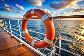 Lifebuoy on cruise ship deck with ocean view at golden hour