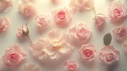 An elegant pattern of pink roses on a pastel background, with gentle shadows creating a minimalist and romantic floral design.