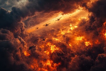 Soldiers silhouetted against a fiery battlefield, running amidst massive explosions and thick clouds of smoke, with a fighter jet flying overhead in a war-torn landscape.
