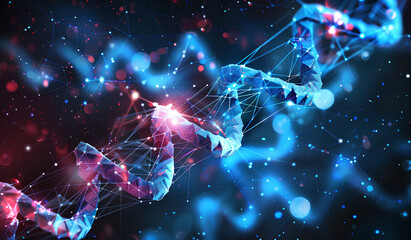 Abstract futuristic background with low poly wave and connecting dots, big data concept of the DNA structure in perspective on dark blue background. Digital technology