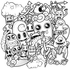 Hand-drawn illustrations, monsters doodle, Hand Drawn cartoon monster illustration,Cartoon crowd doodle hand-drawn Doodle style.black and white stripes coloring  book.