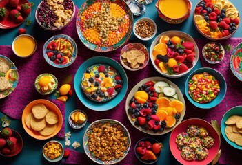 vibrant snack spread showcasing colorful bowls dishes filled appetizing treats delectable delights brightly decorated table, appetizer, buffet, tapas, hors