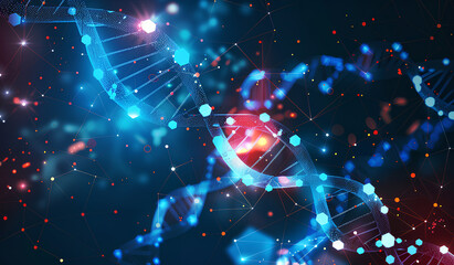 Abstract futuristic background with low poly wave and connecting dots, big data concept of the DNA structure in perspective on dark blue background. Digital technology