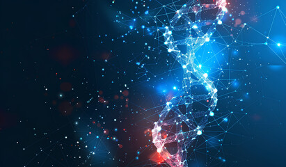 Abstract futuristic background with low poly wave and connecting dots, big data concept of the DNA structure in perspective on dark blue background. Digital technology