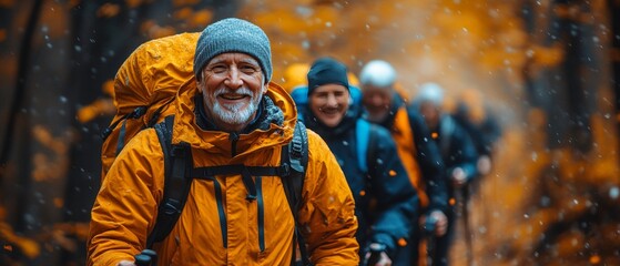 Hikers with backpacks walking on a snowy mountain trail surrounded by autumn trees and scenery.