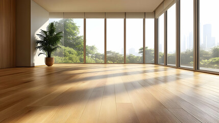 Obraz premium Spacious room with wooden floor and large windows showcasing nature.