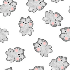 Cute grey cartoon kitten watercolor vector seamless pattern background for kids