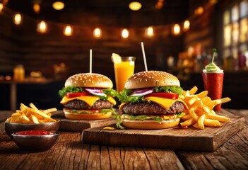 colorful appealing fast food arrangement rustic textured table inviting deliciousness satisfaction, appetizer, snack, catering, buffet, burger, side