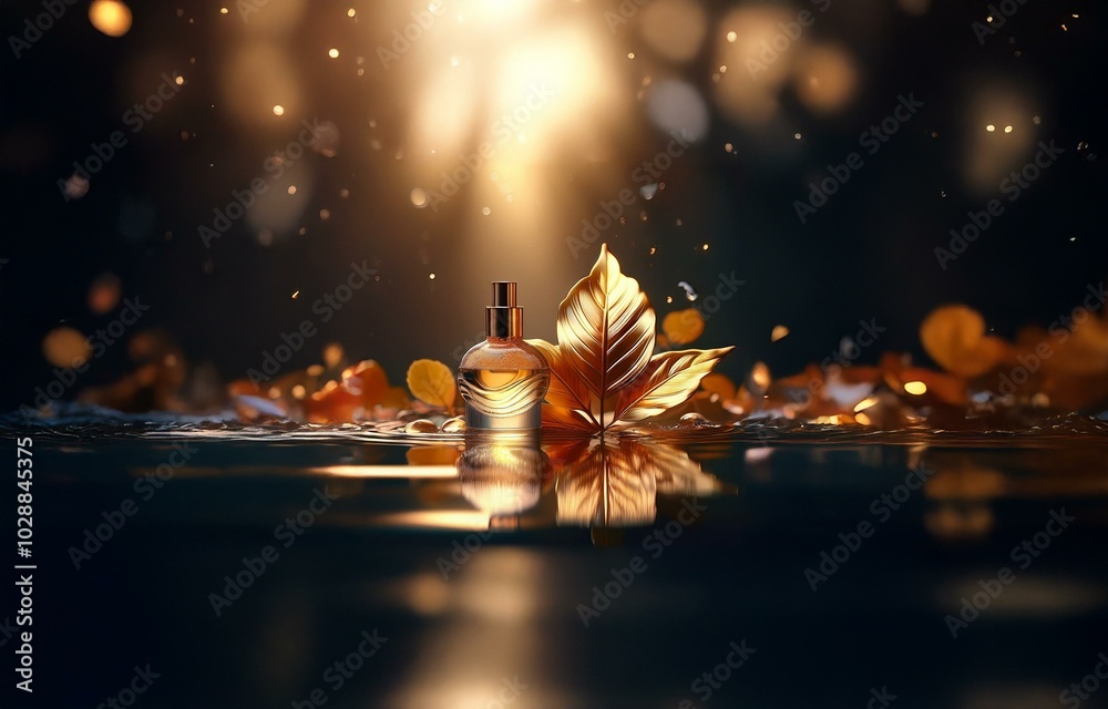 Poster a gold perfume bottle rests in a pool of water with golden leaves, creating a soft and dreamy effect