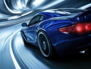 Naklejka premium rear view of a sleek blue business car speeding around a curve on a high-speed highway, emphasizing motion and the thrill of automotive performance