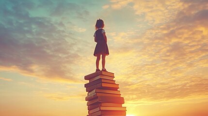 Back to school! Happy cute industrious child standing on the tower of books on background of sunset sky. Concept of education and reading. The development of the imagination