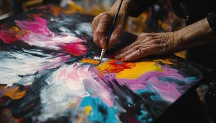 Artist's hands create vibrant strokes on canvas in workshop at creative studio