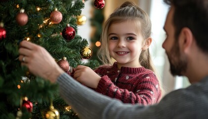 Parent and daughter joyfully decorating the Christmas tree at home