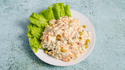 Olivier salad plate top view