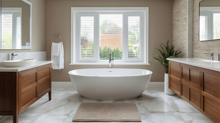 Modern bathroom featuring a freestanding tub and elegant decor.