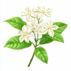 Fototapeta premium White Gardenia Flower Branch with Green Leaves Isolated on White Background