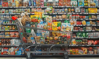Fototapeta premium Full shopping cart in grocery aisle.