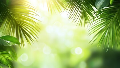 Obraz premium Lush palm leaves create a vibrant tropical background bathed in soft sunlight