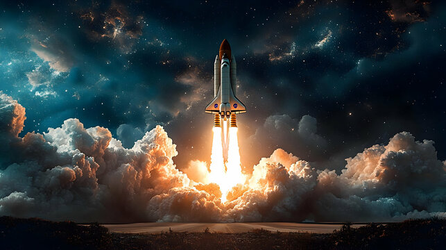 A rocket launching into space amidst clouds and cosmic scenery.