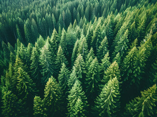 Aerial view of a dense forest with tall green trees seen from above. A bird's eye perspective of the beautiful coniferous tree tops in summer. A landscape captured from a drone.
