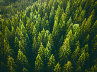 Fototapeta premium Aerial view of a dense forest with tall green trees seen from above. A bird's eye perspective of the beautiful coniferous tree tops in summer. A landscape captured from a drone.