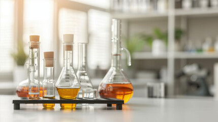 Laboratory equipment including flasks, beakers, and test tubes filled with colorful liquids, showcasing scientific environment filled with potential discoveries