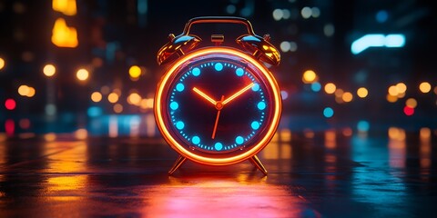 Retro alarm clock with neon glow on a night city background.