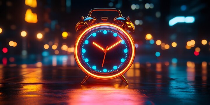 Retro alarm clock with neon glow on a night city background.