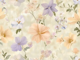 seamless pattern featuring a variety of flowers in soft pastel colors, creating a delicate and harmonious design, perfect for textiles or backgrounds with a touch of elegance