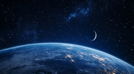 Obraz premium View of Earth and Moon from Space A breathtaking view of Earth from space, with the moon in the distance. The planetâs surface shines in cool blue hues, contrasted by the vast blac