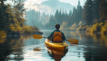 A person kayaking in a tranquil lake surrounded by lush forests at dawn