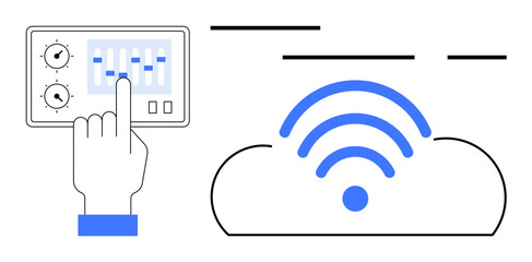 A hand adjusts settings on a touch screen interface while a cloud symbol with a wireless signal is visible. Minimalist design. Ideal for technology, cloud computing, wireless communication, control