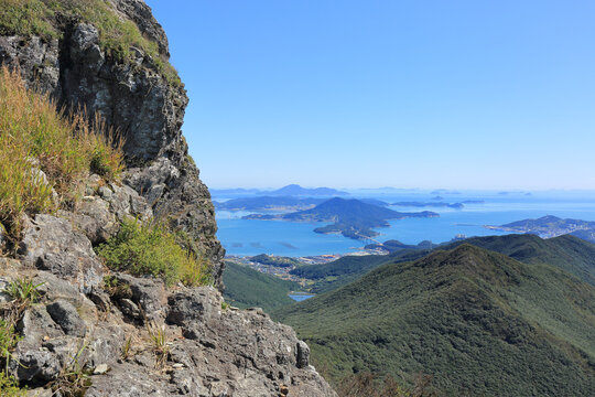 Obongsan Mt and the aerial view of Sinji Island and Wando Port near Wando-gun, Korea
