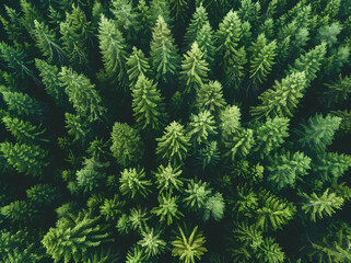 Aerial view of a dense forest with tall green trees seen from above. A bird's eye perspective of...