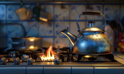Tea kettle on the stove, 4K hyperrealistic photo