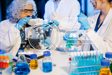 Fototapeta premium Scientist team with tablet and laptop, laboratory and ecofriendly science. Agriculture, research and scientists