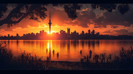 Fototapeta premium Sunset over a city skyline reflecting in calm waters.